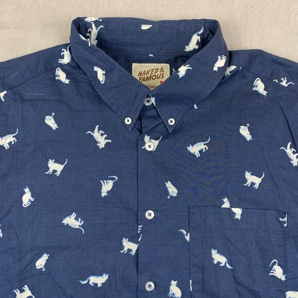 Naked & Famous Mens Shirt XL Navy Blue Hand Drawn Cats Button Up Short Sleeve - Picture 2 of 10